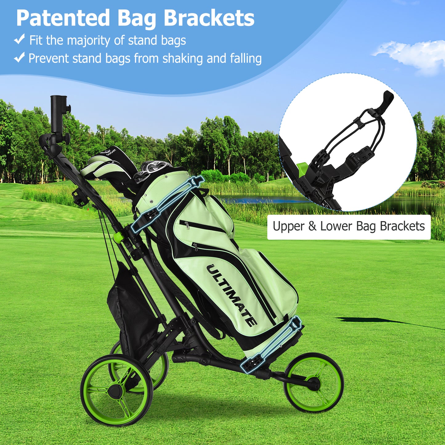 Green 3 Wheel Golf Cart | Folding Aluminum Frame Storage Bag