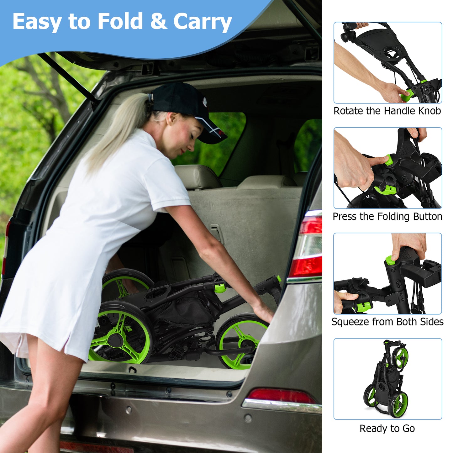 Green 3 Wheel Golf Cart | Folding Aluminum Frame Storage Bag