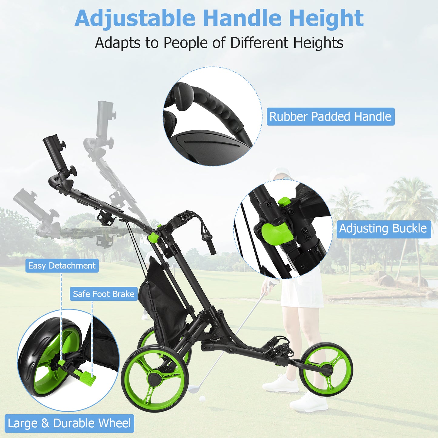 Green 3 Wheel Golf Cart | Folding Aluminum Frame Storage Bag