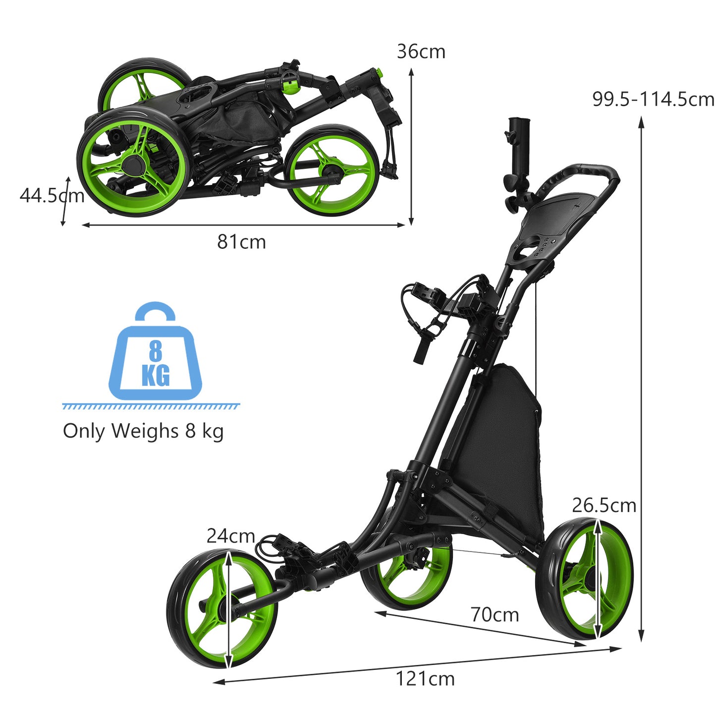 Green 3 Wheel Golf Cart | Folding Aluminum Frame Storage Bag
