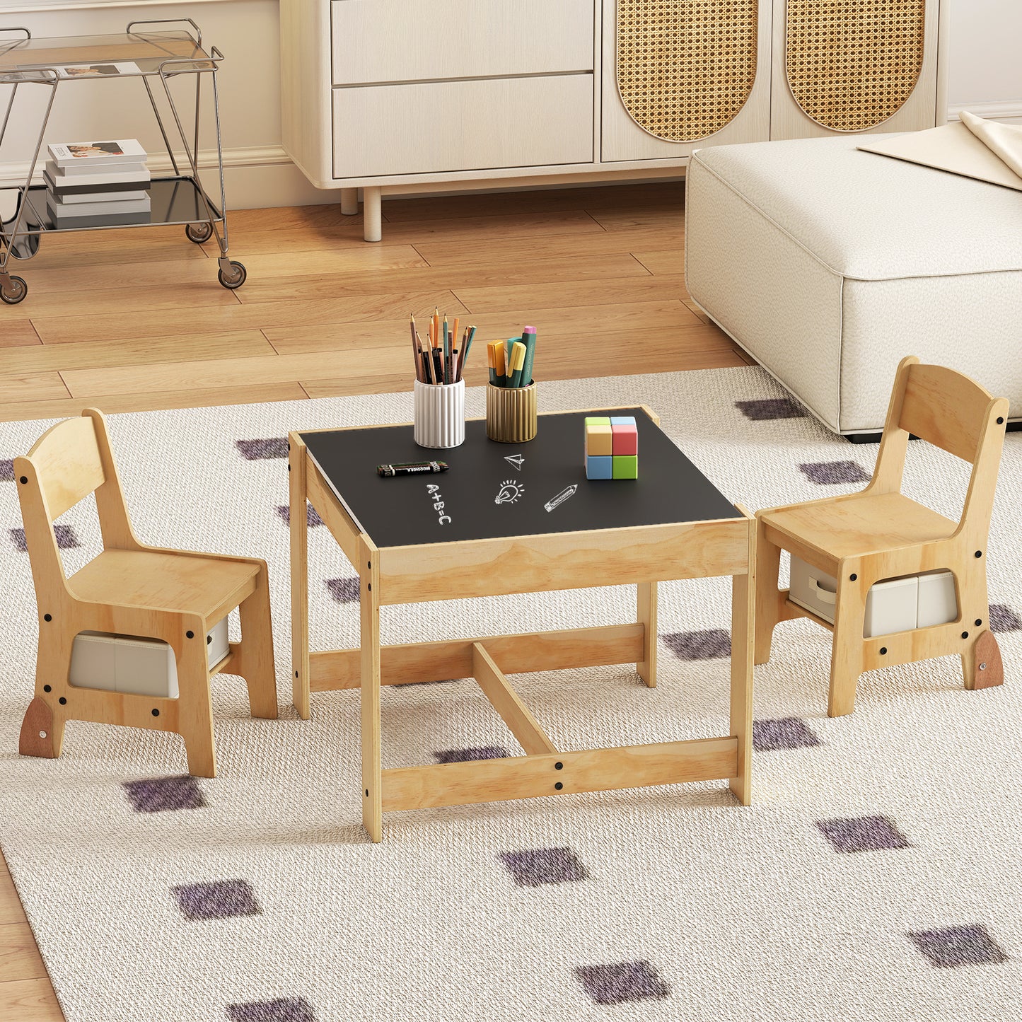 3 in 1 Kids Table and Chair Set with Removable Tabletop and 2 Storage Drawers-Beige