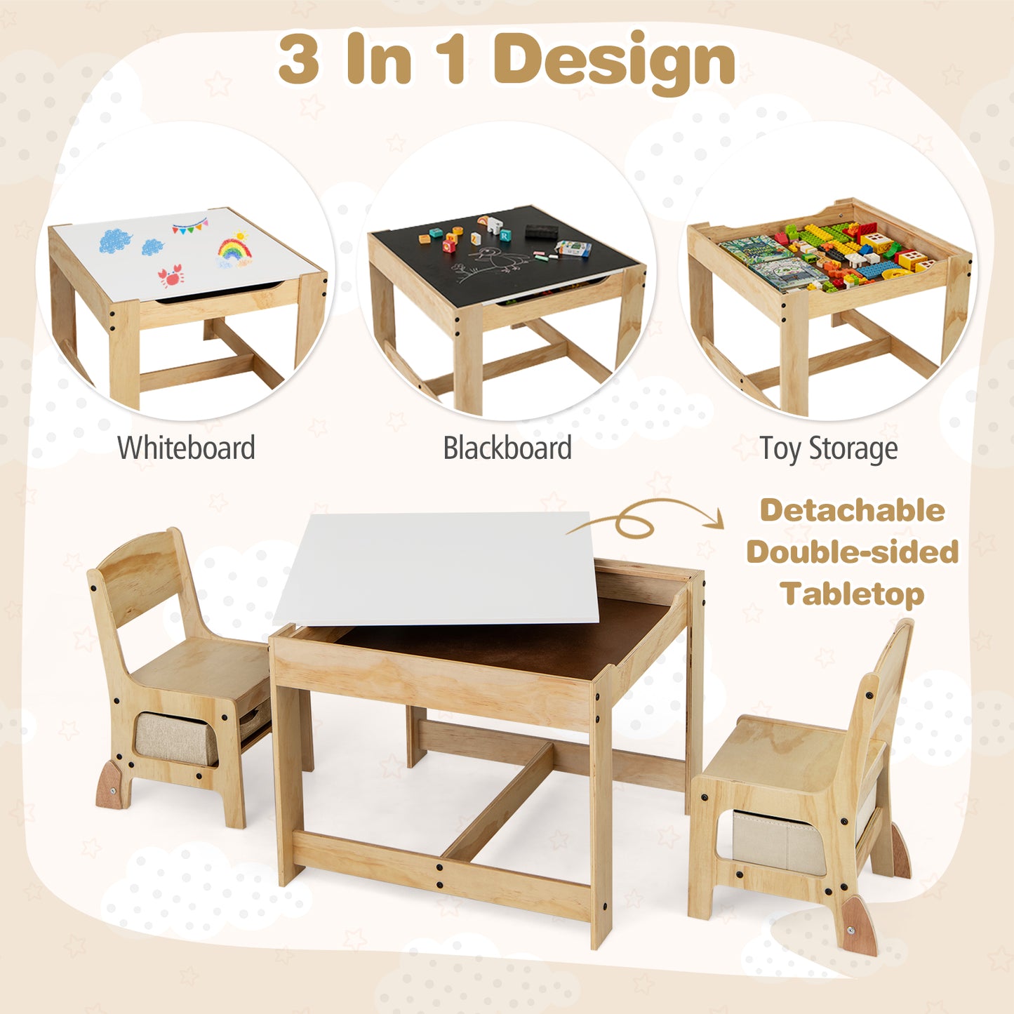 Beige 3 in 1 Kids Table Chair Set | Storage Drawers & Boards