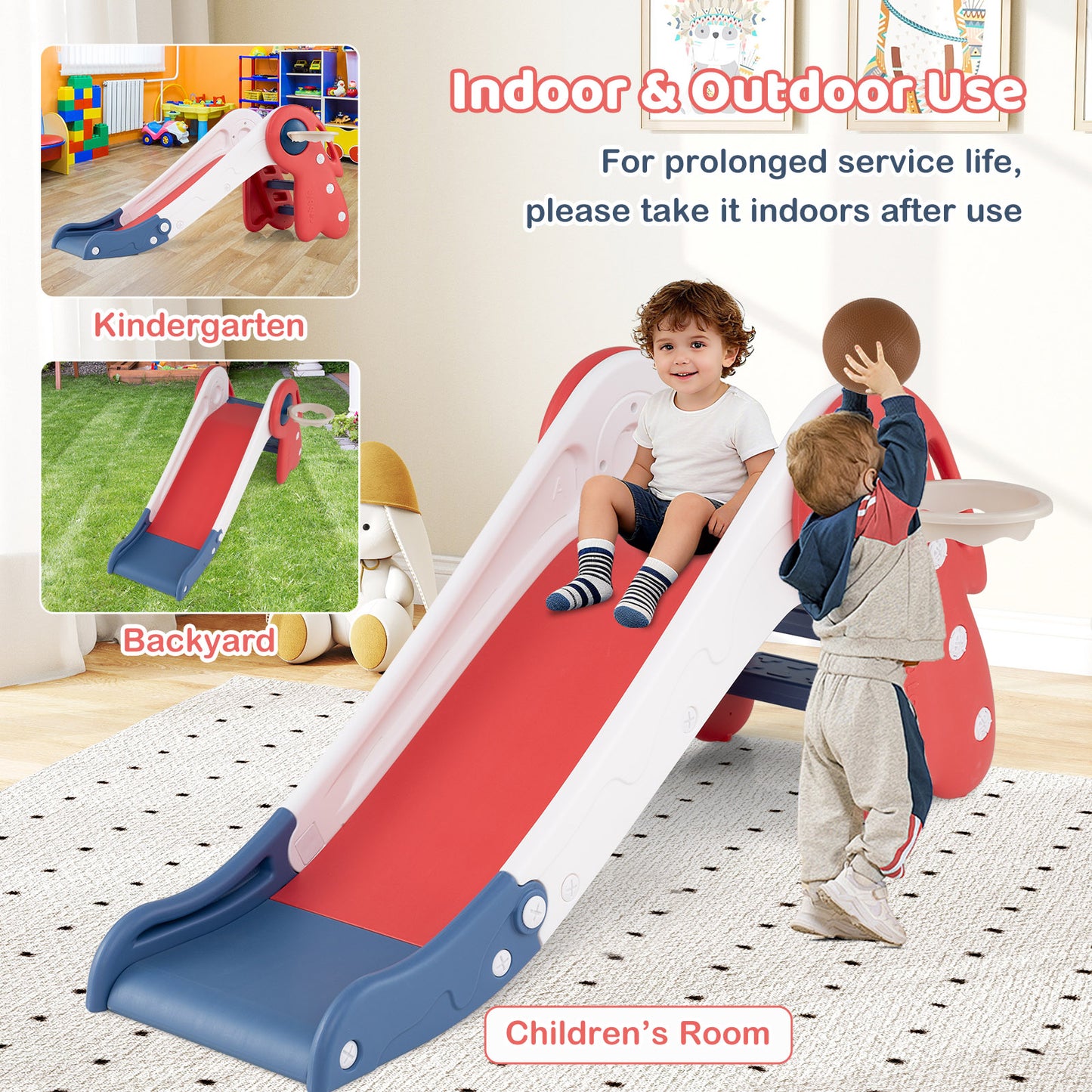 Red 3-In-1 Toddler Slide Climber Set | Basketball Hoop Included