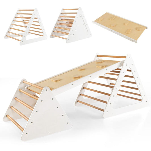 Versatile wooden climbing set with triangle, ladders, and ramp for active play and motor skill development.