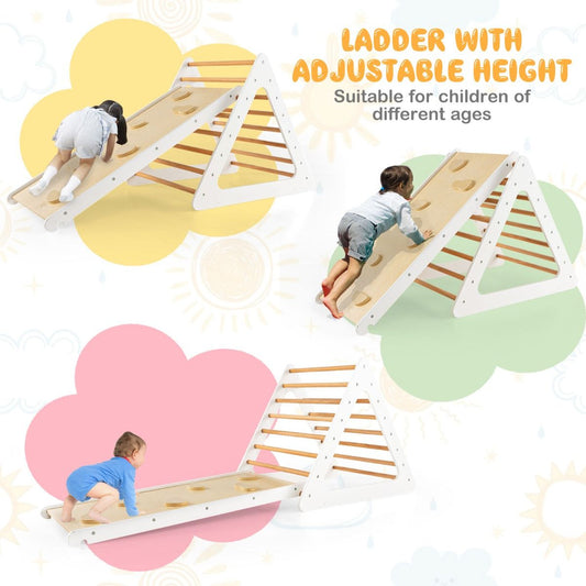 Beige wooden triangle ladder and ramp set for climbing, balancing, and exploring, enhancing motor skills and creativity.