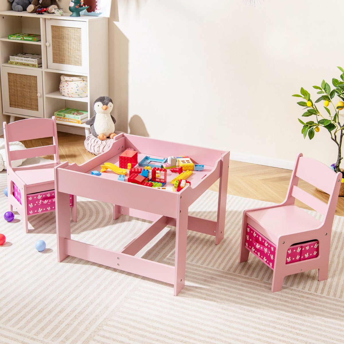 3-In-1 Kids Multi Activity Table &amp; 2 Chairs Set for Toddlers-Rose