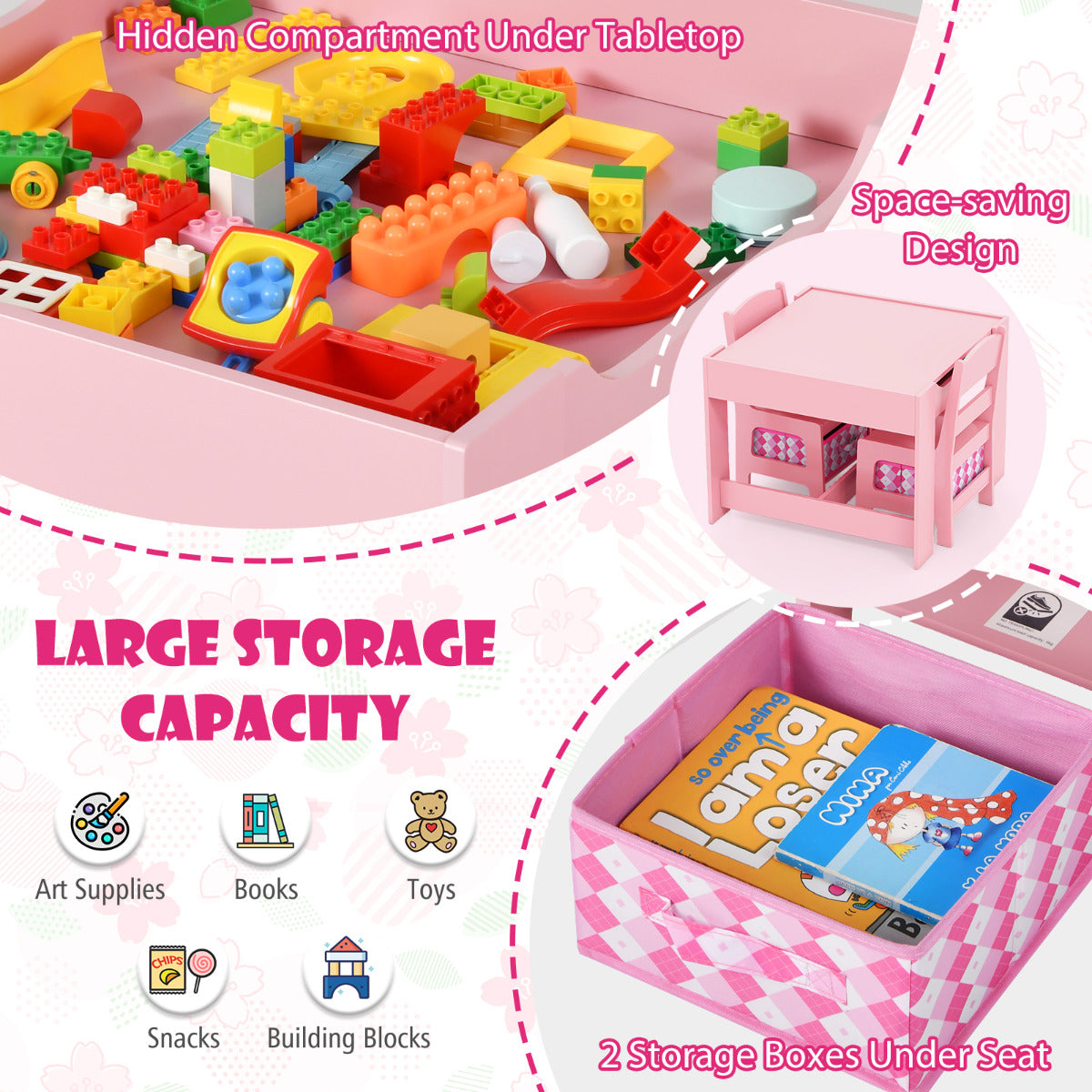 Kids Activity Table Set | 2 Chairs | Pink White Storage Boxes