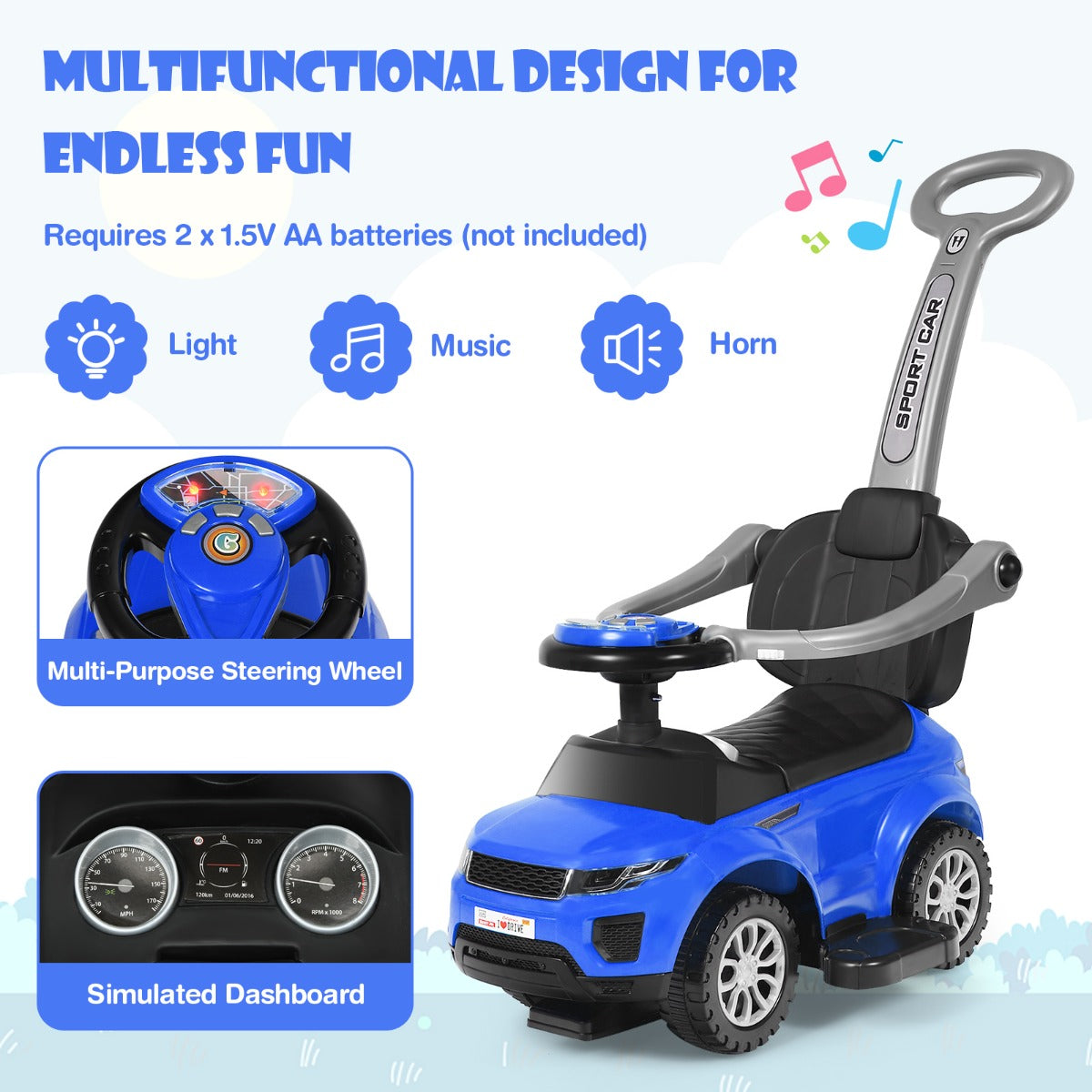 Navy 3 In 1 Ride On Push Car | Music Horn Light Functions