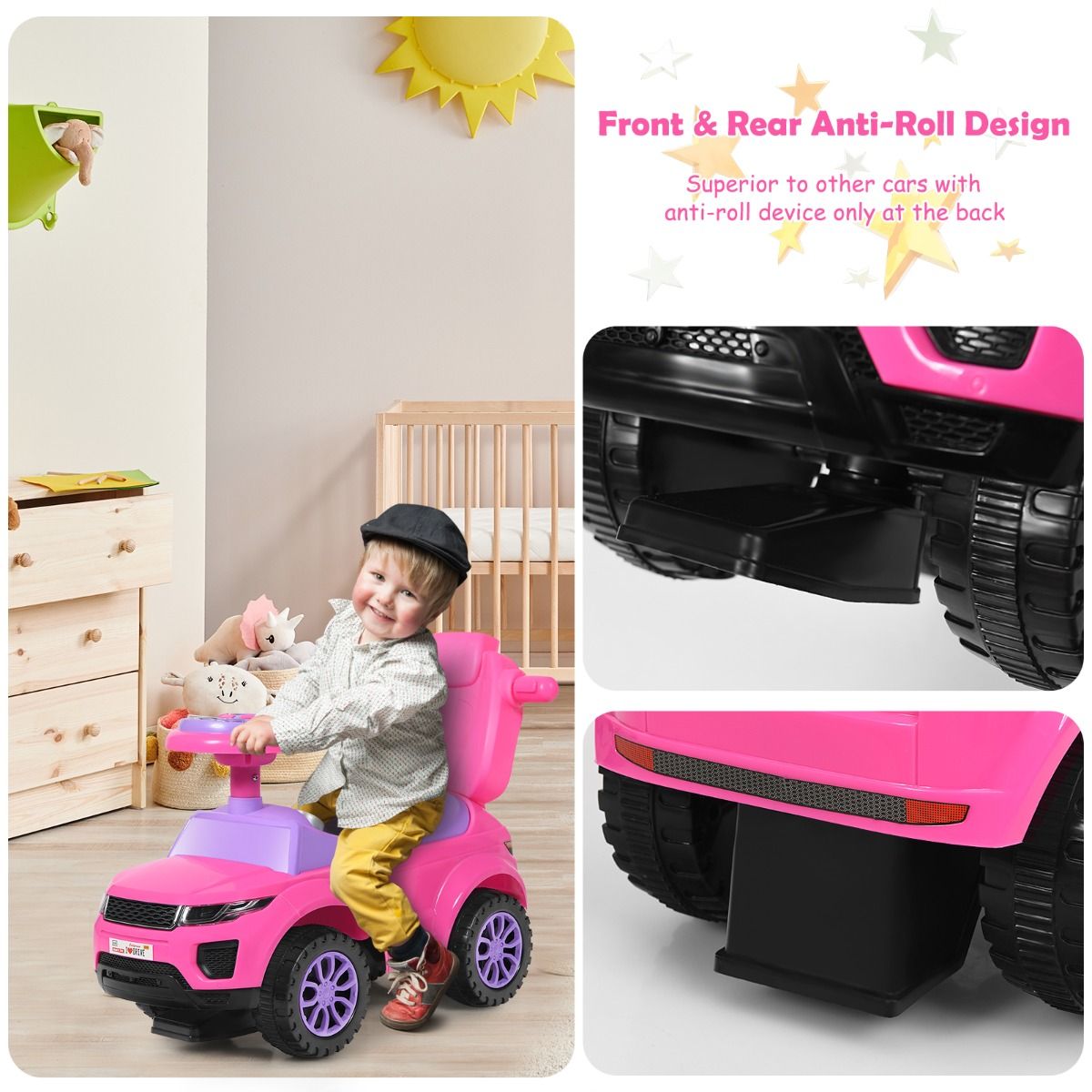 Kids pink 3-in-1 ride-on push car with music, lights - versatile and fun play toy