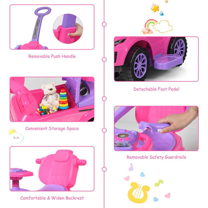 3-in-1 Pink Kids Ride-On Push Car with Music & Lights - Perfect for imaginative play