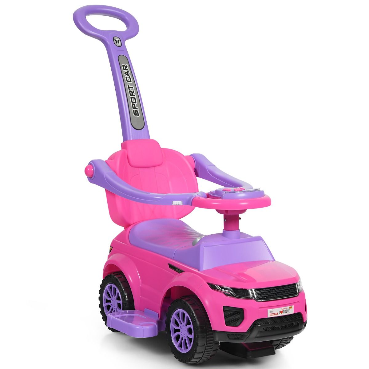Kids pink 3-in-1 ride-on push car with music, lights for indoor playtime fun.