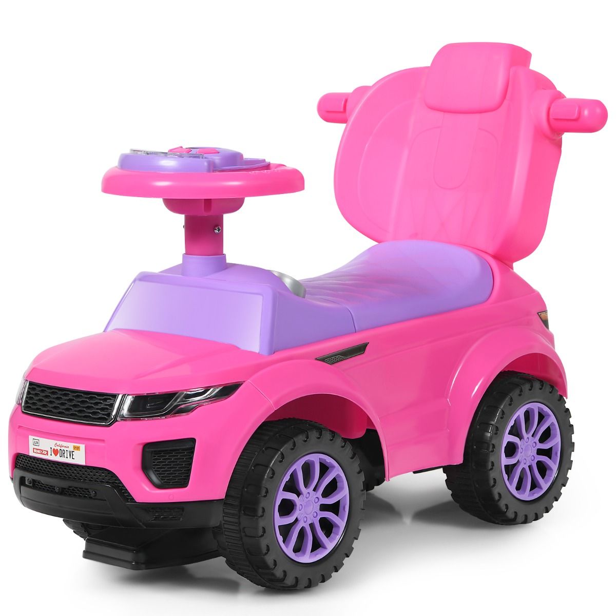 Kids 3-in-1 pink ride-on push car with music & lights for home fun