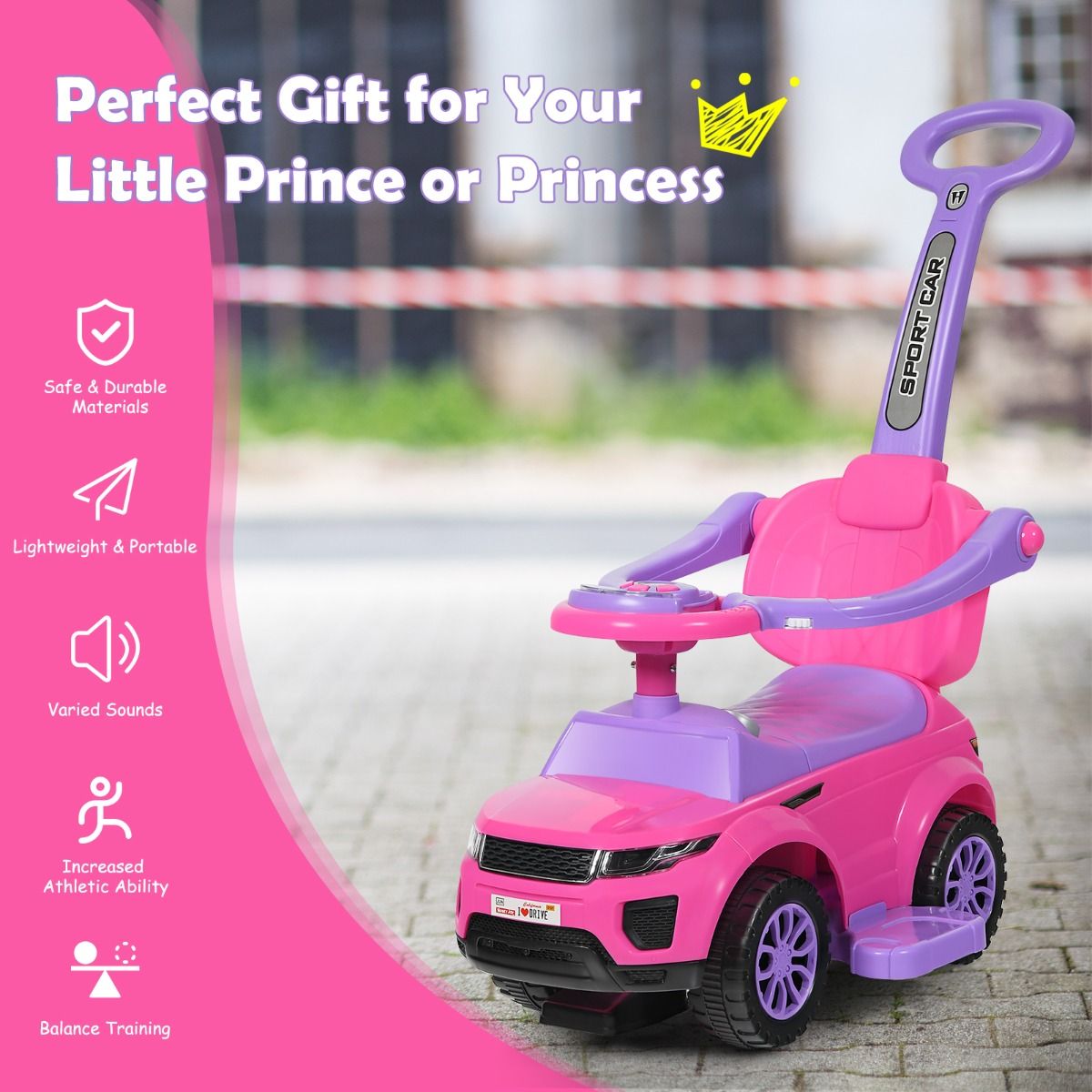 Pink 3-in-1 Kids Ride-On Push Car with Music & Lights for playful home entertainment.