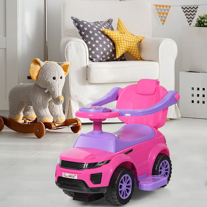 Kids pink ride-on car with music, lights, and push feature for fun home play.