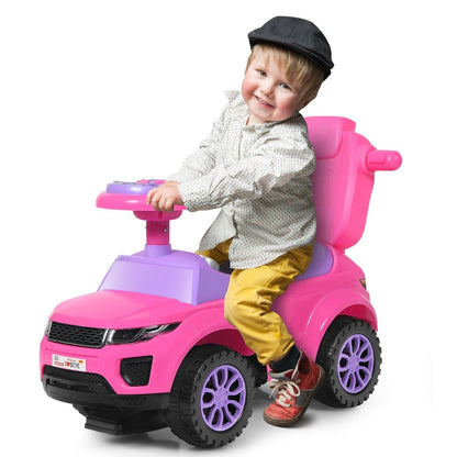 Pink 3-in-1 kids ride-on push car with music and lights, perfect for imaginative play.