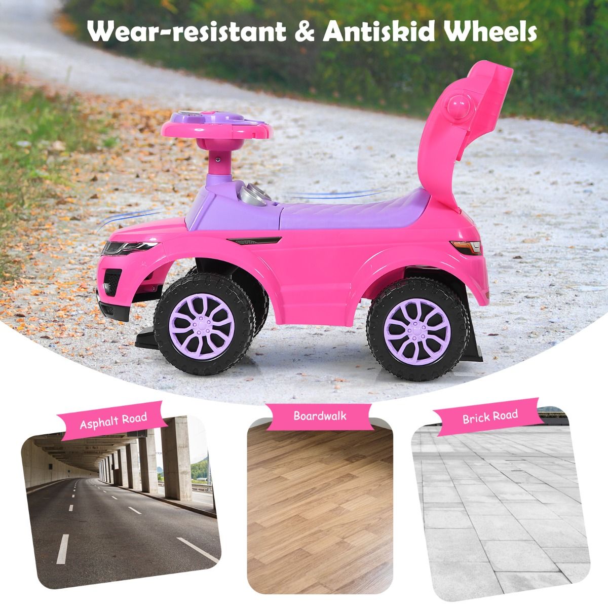 Kids 3-in-1 Pink Ride-On Car with Music & Lights, perfect for imaginative play at home.