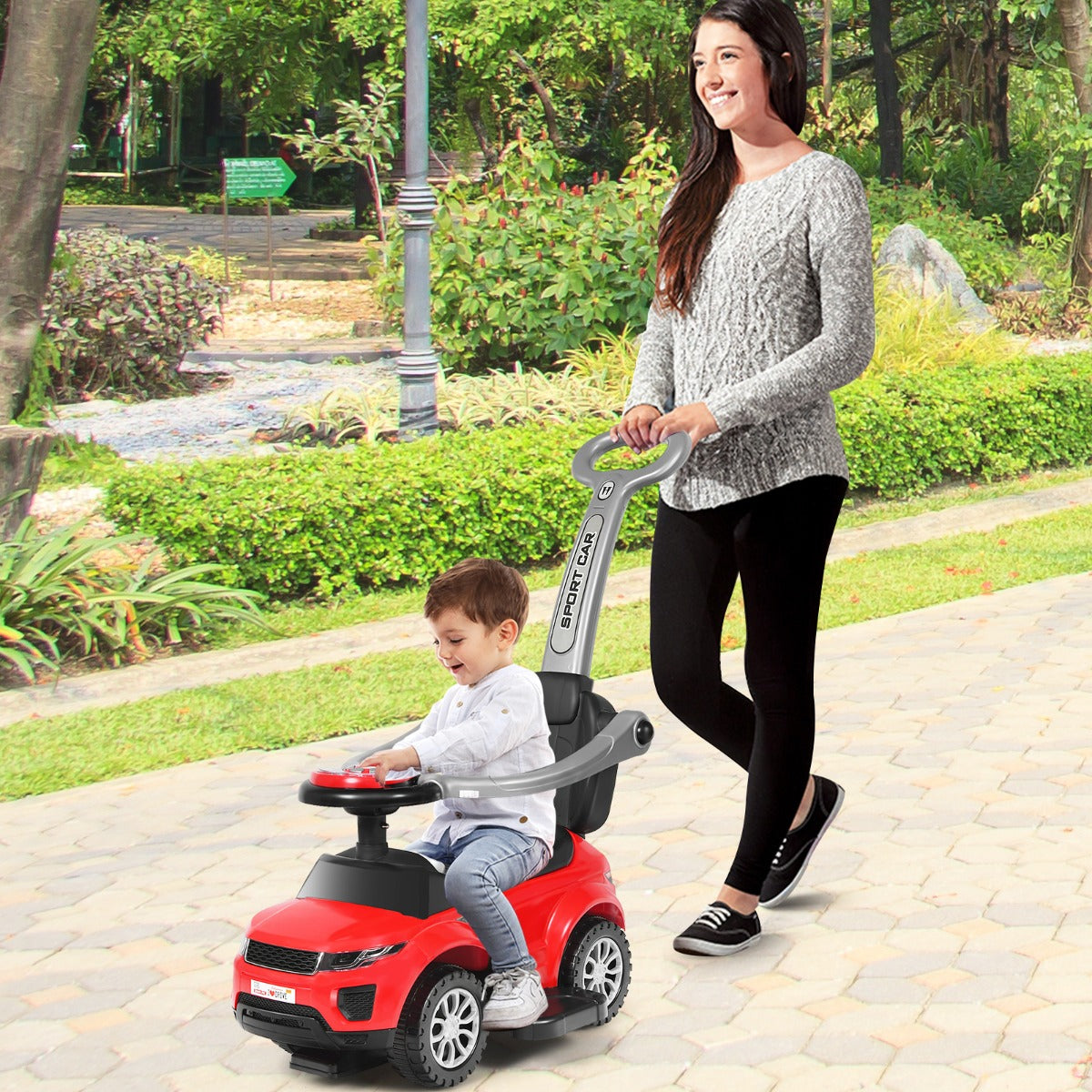 Red 3-in-1 Kids Ride On Push Car with Lights & Music - Perfect for playful home adventures