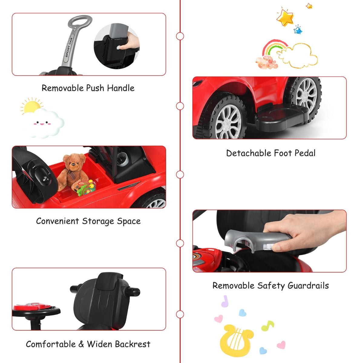 Red 3-in-1 ride-on car for kids with lights, music, and push handle, ideal for home fun.
