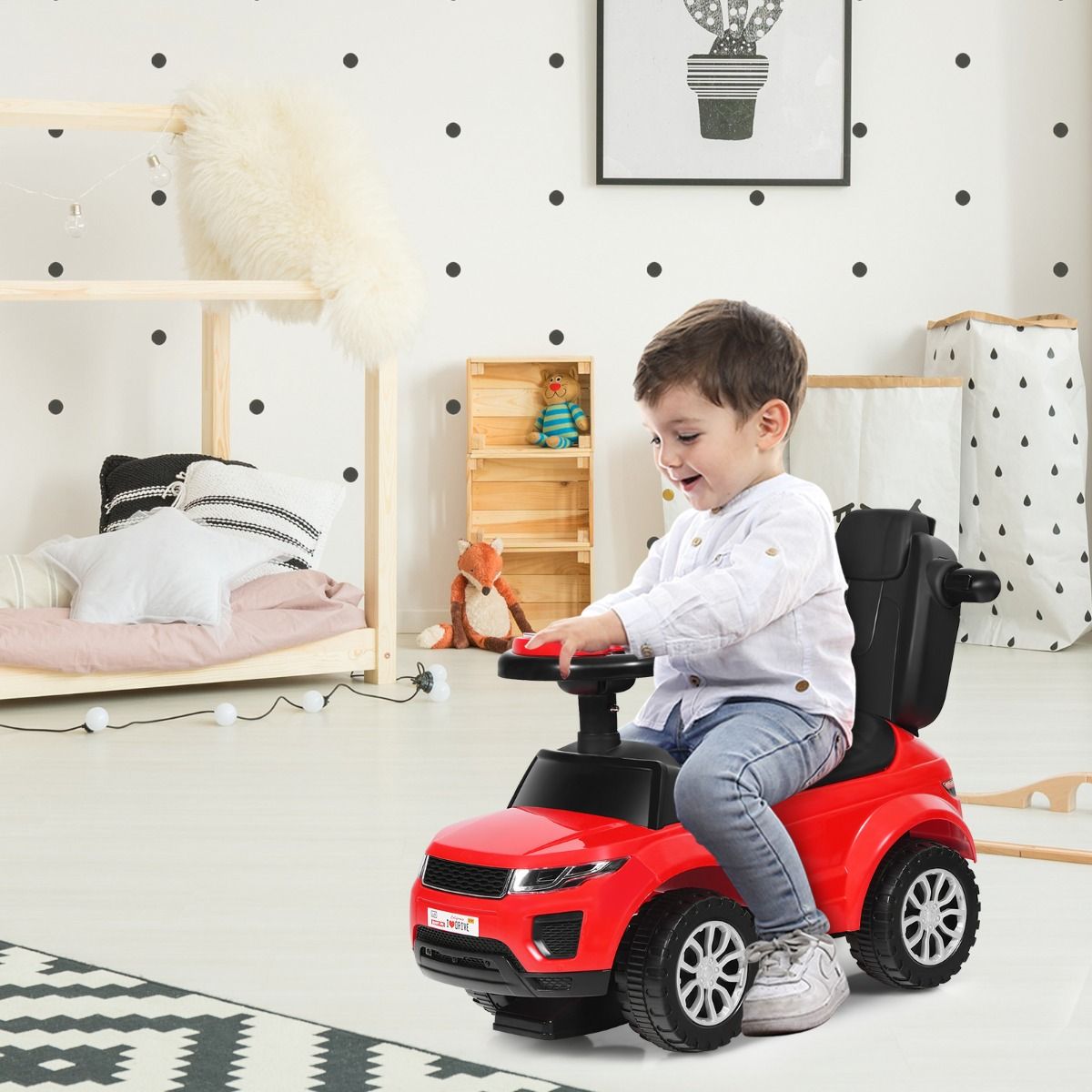 Red 3-in-1 Kids Ride On Push Car with Lights & Music for active indoor fun