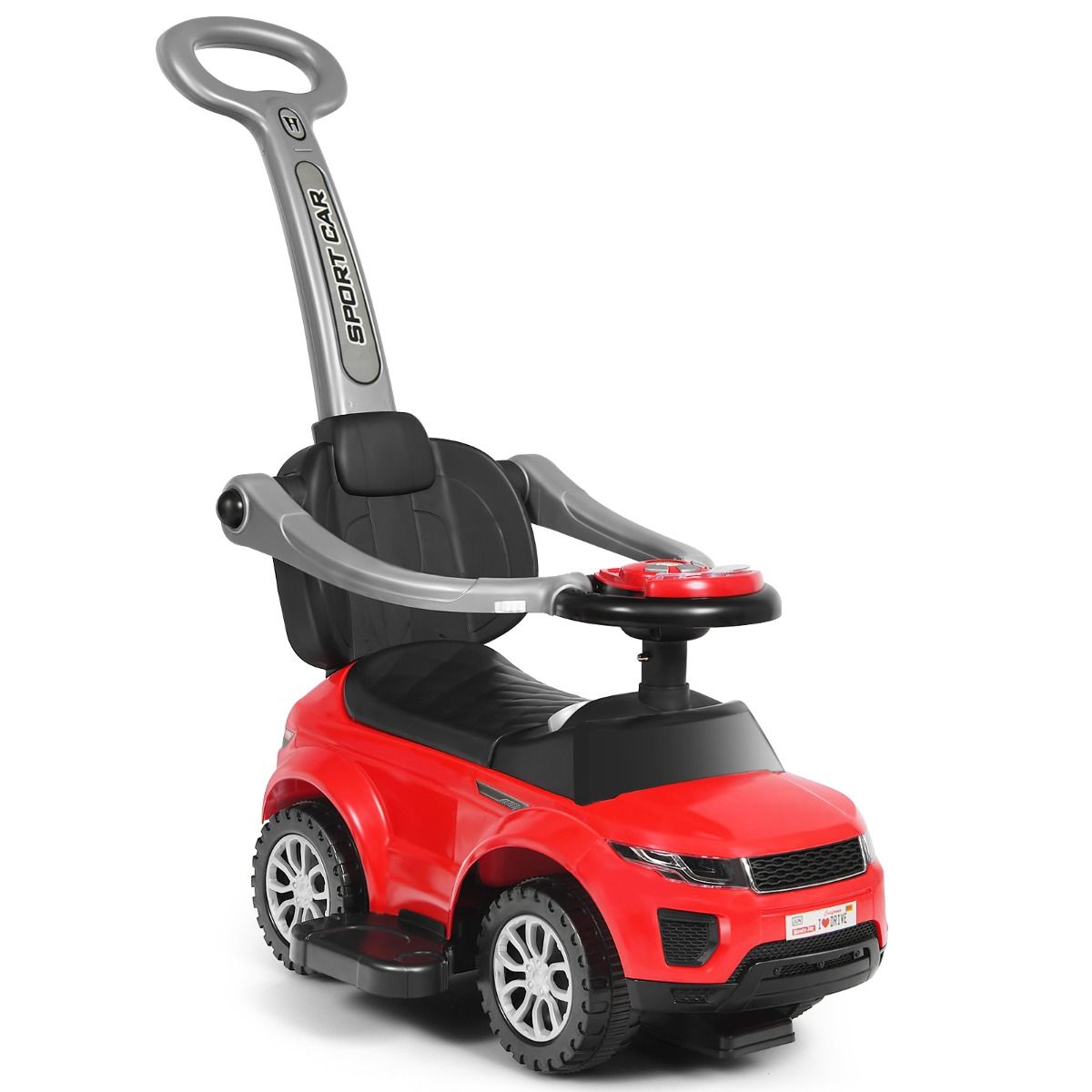 Red 3-in-1 kids ride-on push car with lights, music; versatile play vehicle for kids.