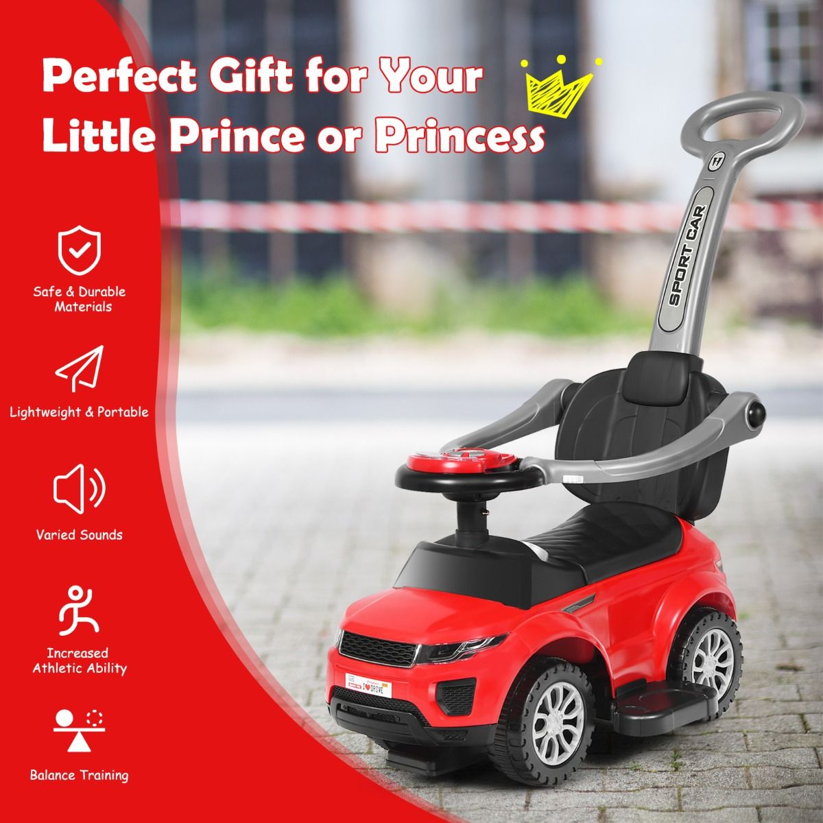 Red 3-in-1 Kids Ride On Push Car with Lights & Music, perfect for indoor play.