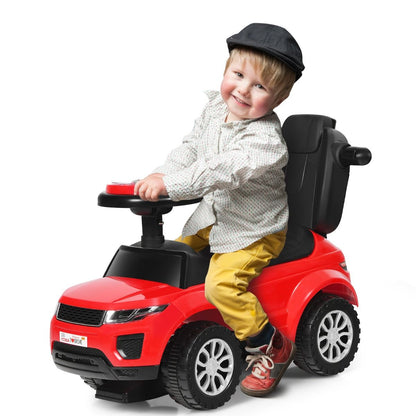 Red 3-in-1 Kids Ride On Push Car w/ Lights & Music - Engaging fun for home play.