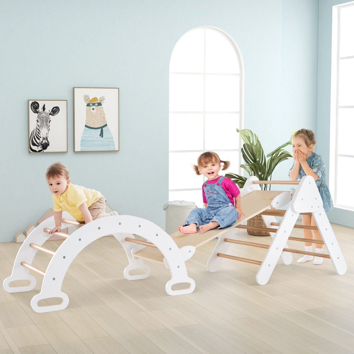 Wooden climbing triangle with arch and ramp, ideal for active indoor play for kids.