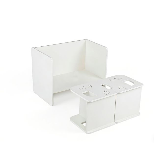 3 Pcs White Kids Table Chair Set | Chalkboard & Storage Design