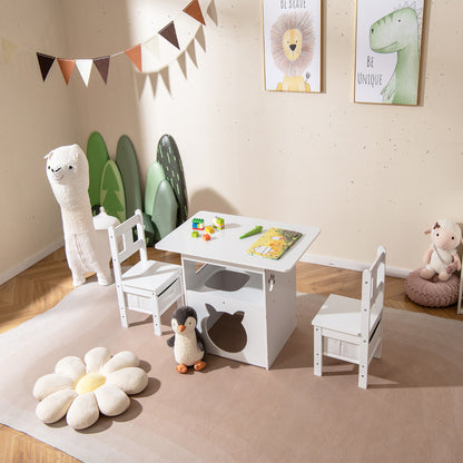3 Piece White Wooden Kids Table Chair Set | Cat House Storage