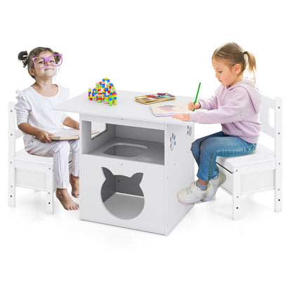 3 Piece White Wooden Kids Table Chair Set | Cat House Storage