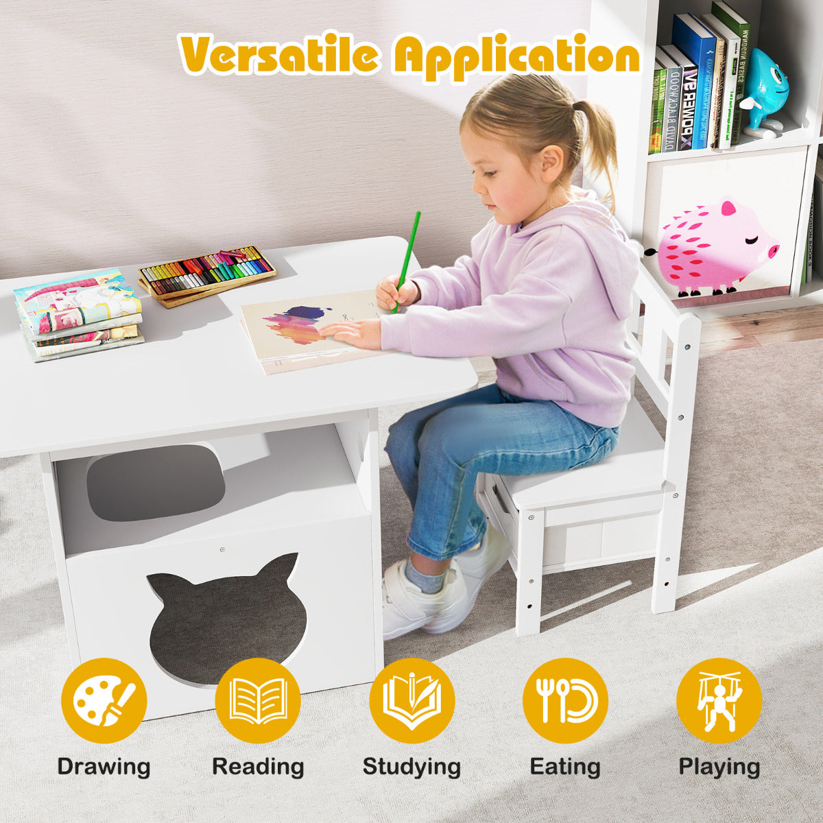 3 Piece White Wooden Kids Table Chair Set | Cat House Storage