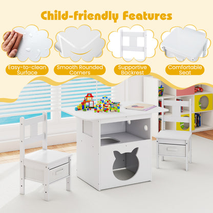 3 Piece White Wooden Kids Table Chair Set | Cat House Storage