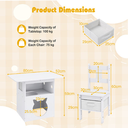 3 Piece White Wooden Kids Table Chair Set | Cat House Storage
