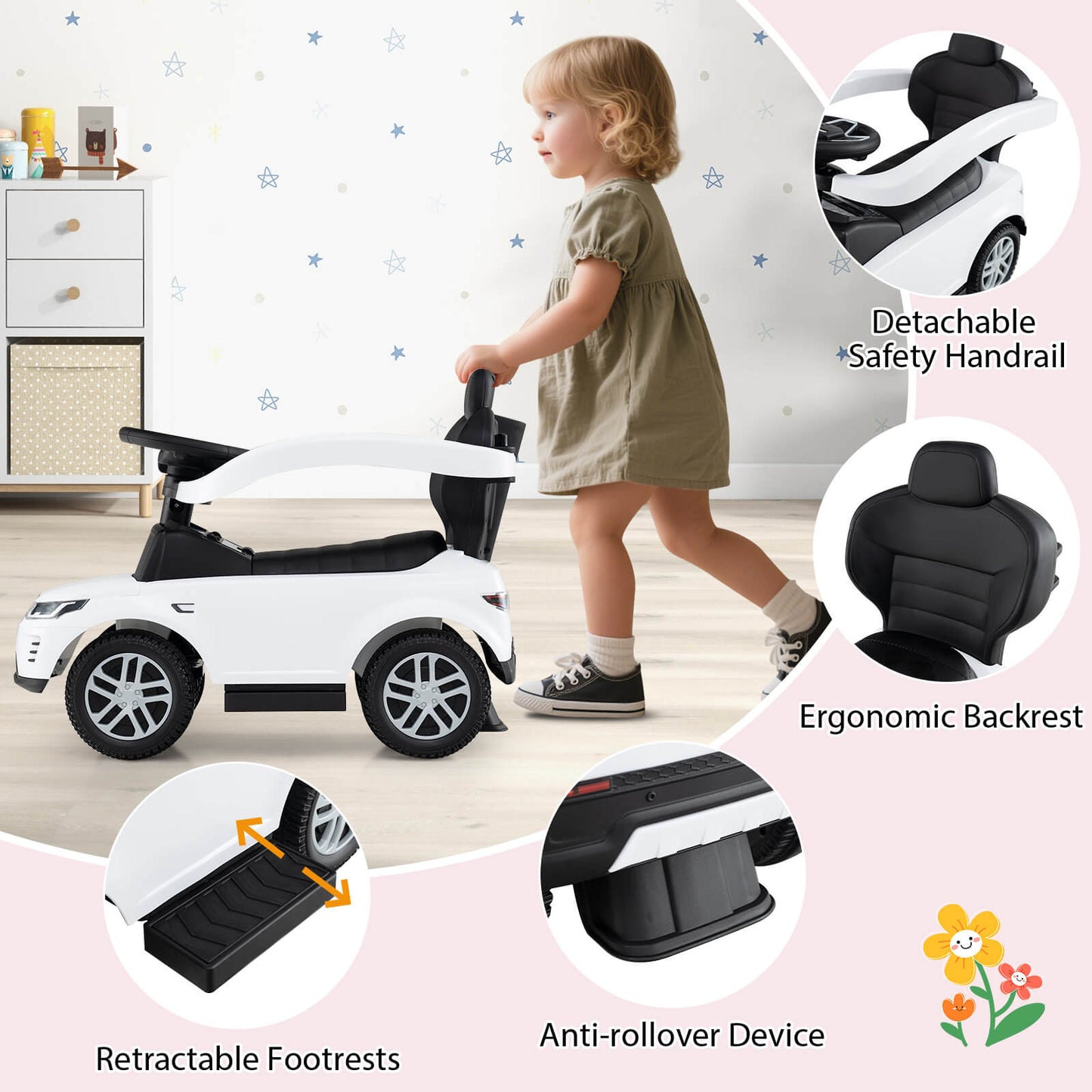 3 In 1 White Land Rover Push Car for Toddlers | Ride On Toy