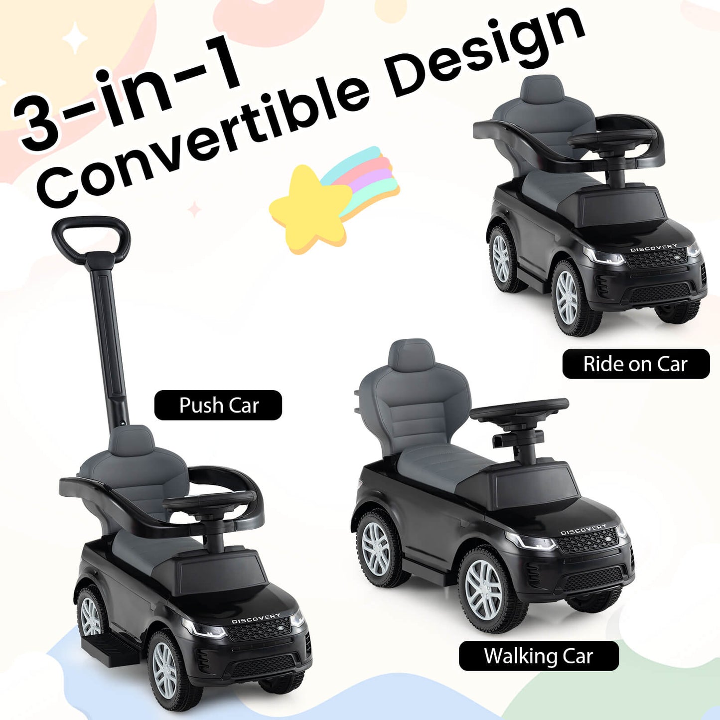 3 In 1 Black Land Rover Push Car | Convertible Toddler Ride On