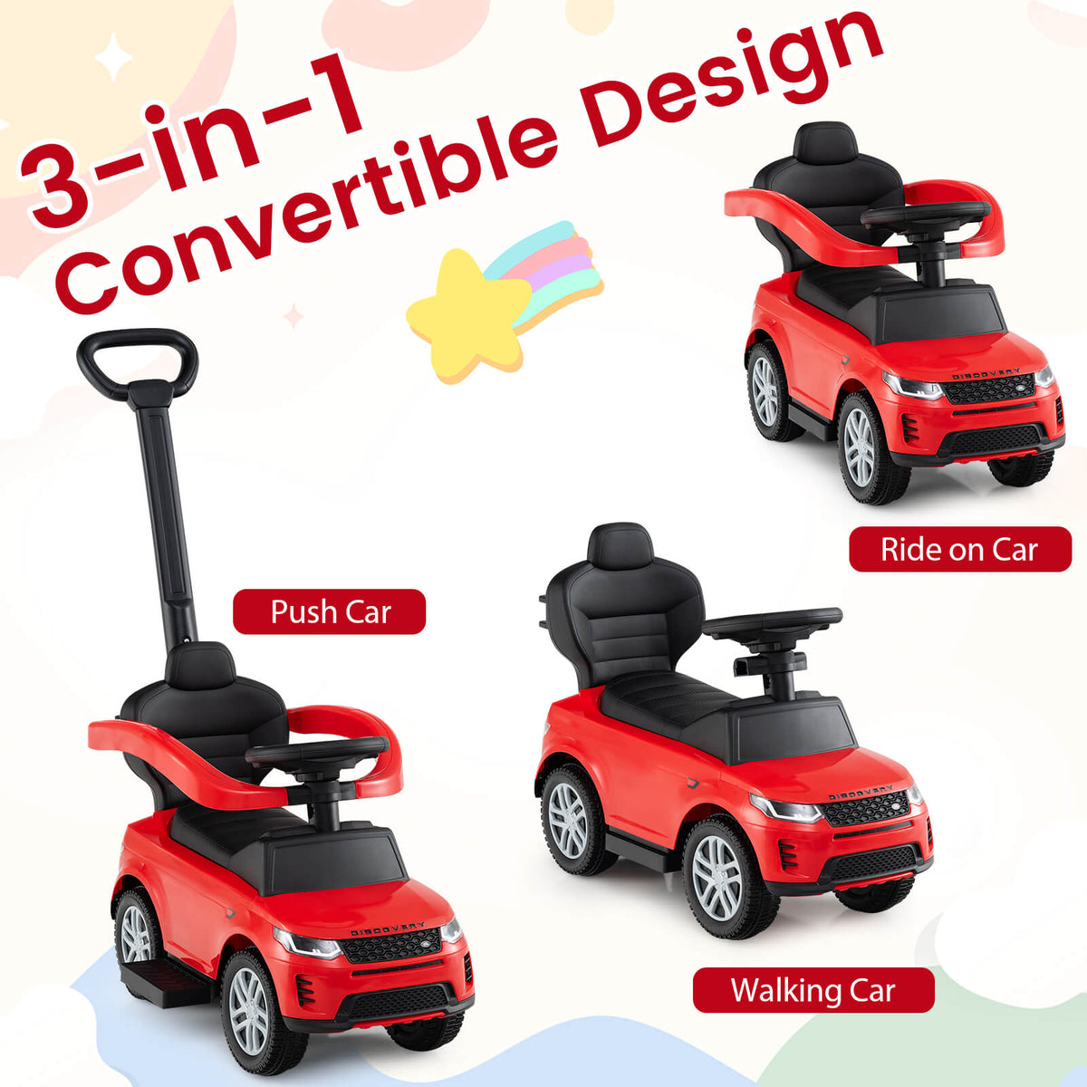 Red Land Rover Discovery 3-in-1 Push Car for Toddlers