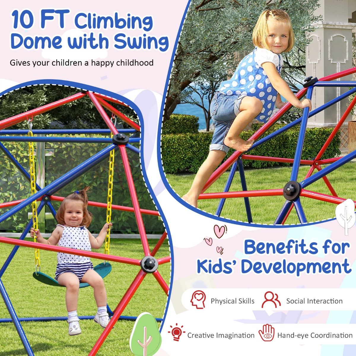 Geometric Dome Climber | Colorful Outdoor Play Structure w/ Swing