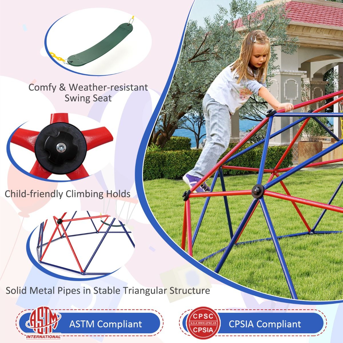 Geometric Dome Climber | Colorful Outdoor Play Structure w/ Swing