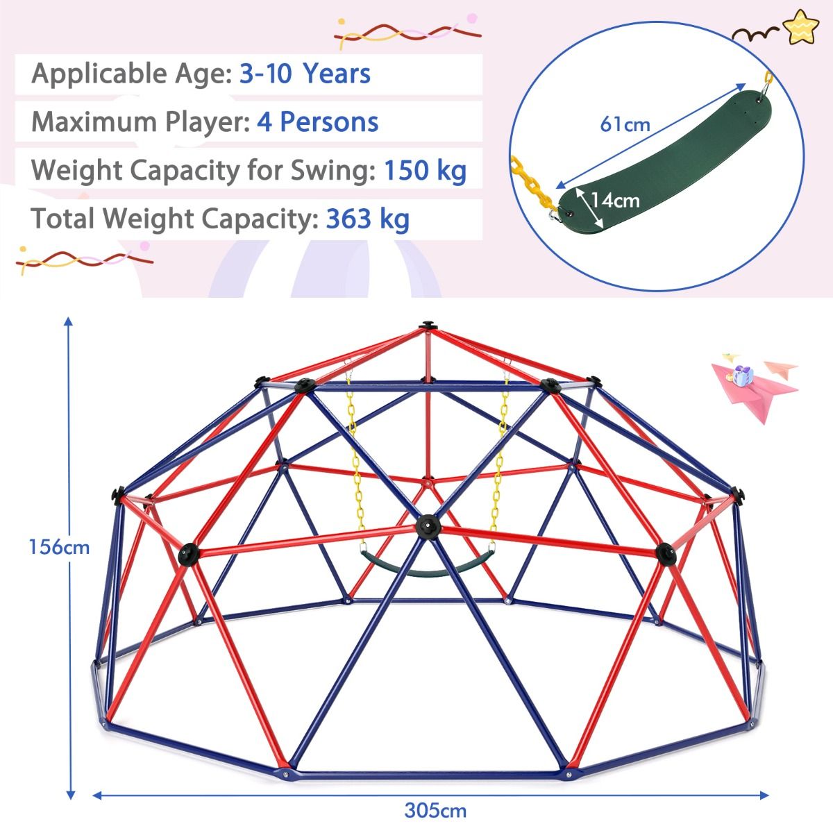 Geometric Dome Climber | Colorful Outdoor Play Structure w/ Swing