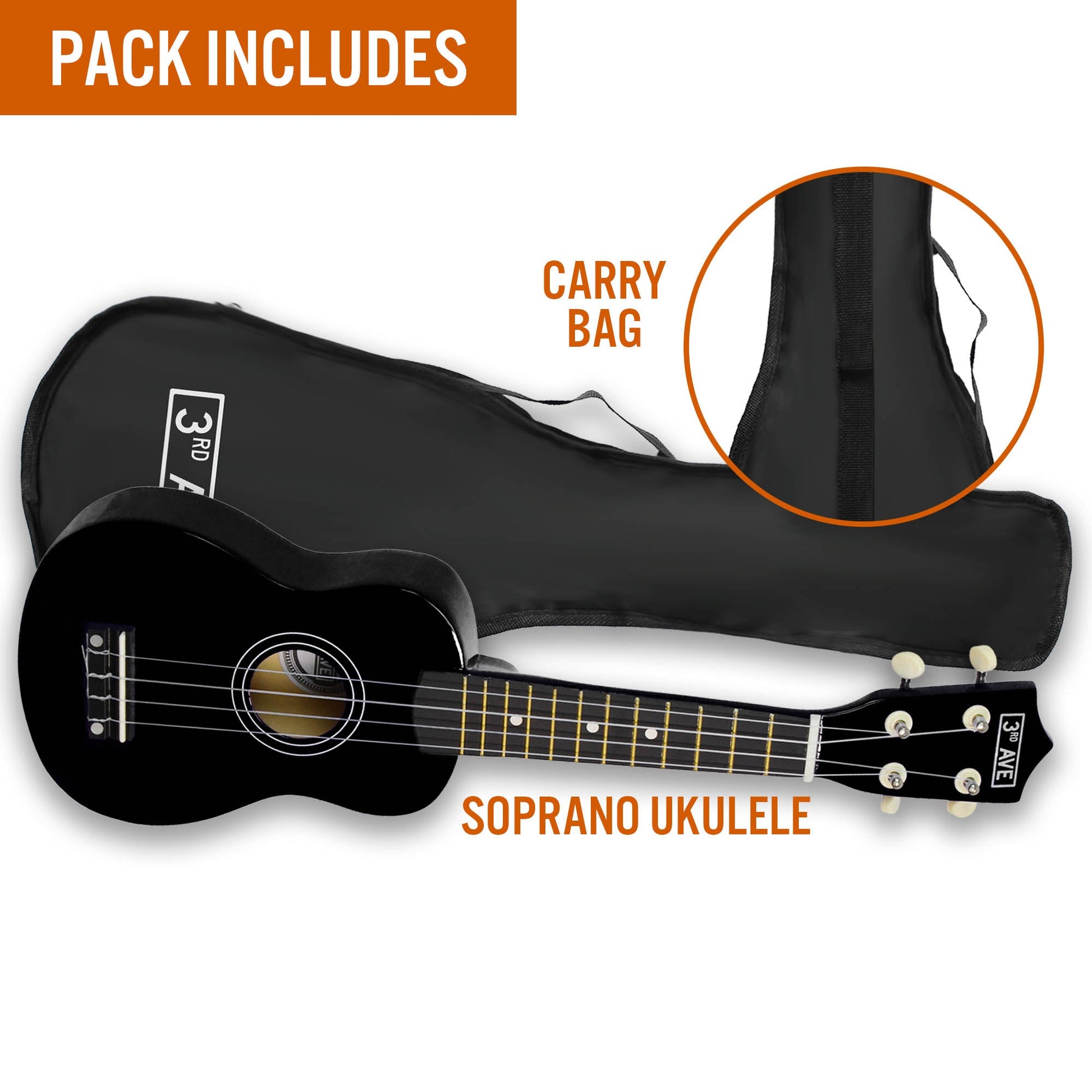 3rd Avenue black soprano ukulele designed for kids easy learning and home enjoyment.