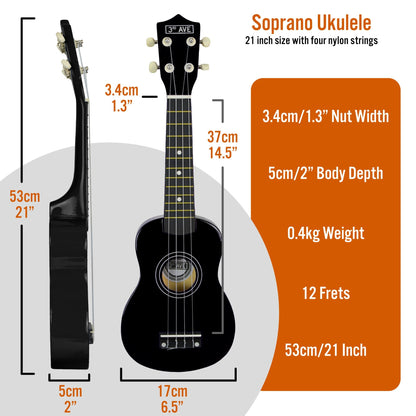 3rd Avenue Soprano Ukulele in Black, perfect for kids learning music at home.