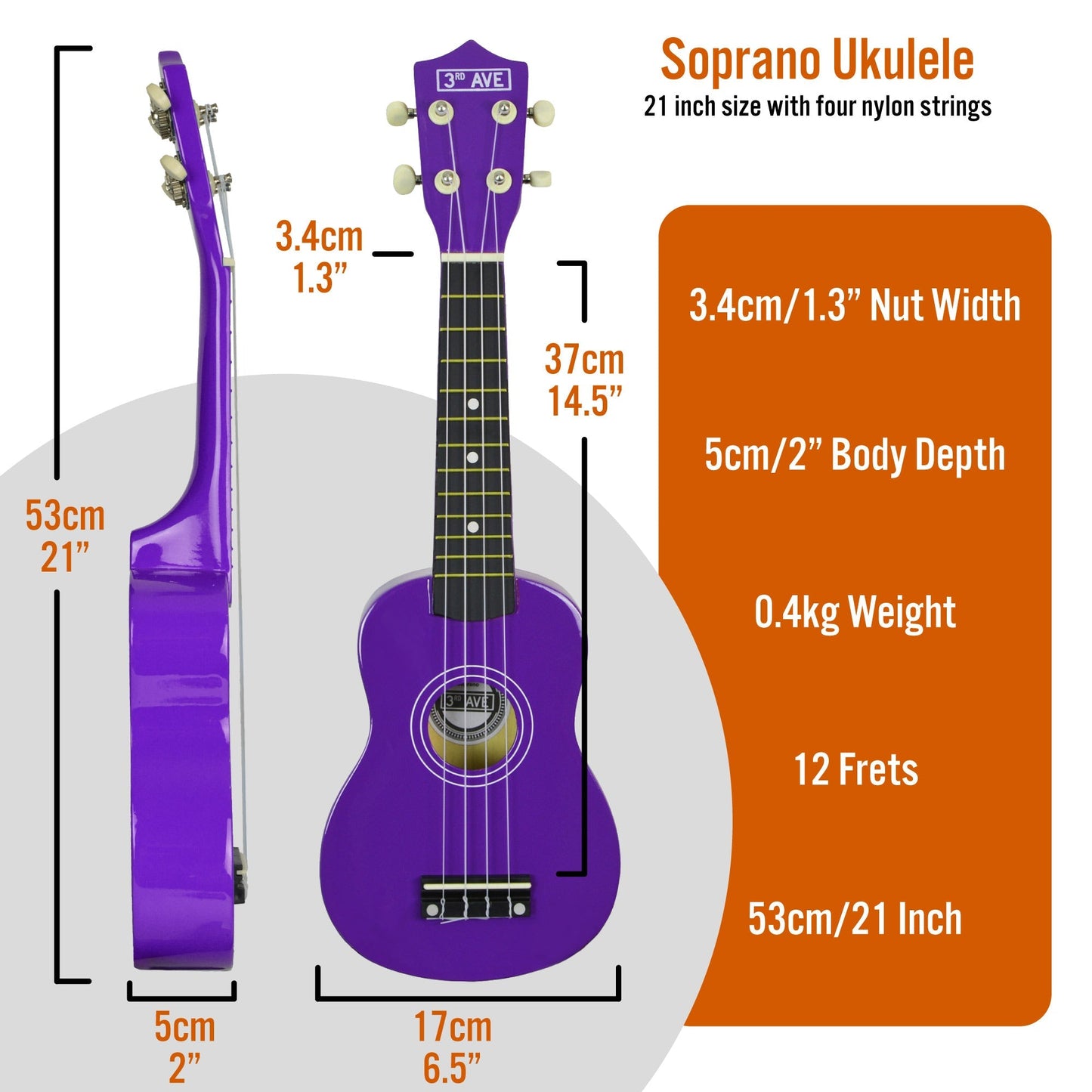 Purple 3rd Avenue Soprano Ukulele designed for children, perfect for learning and playing at home.