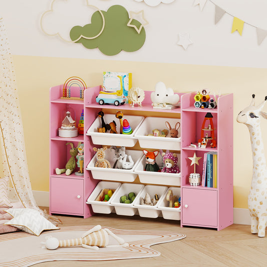 Costway 4-Tier Kids Toy Storage Organizer Shelf with 6 Cubbies and 8 Removable Bins-Pink