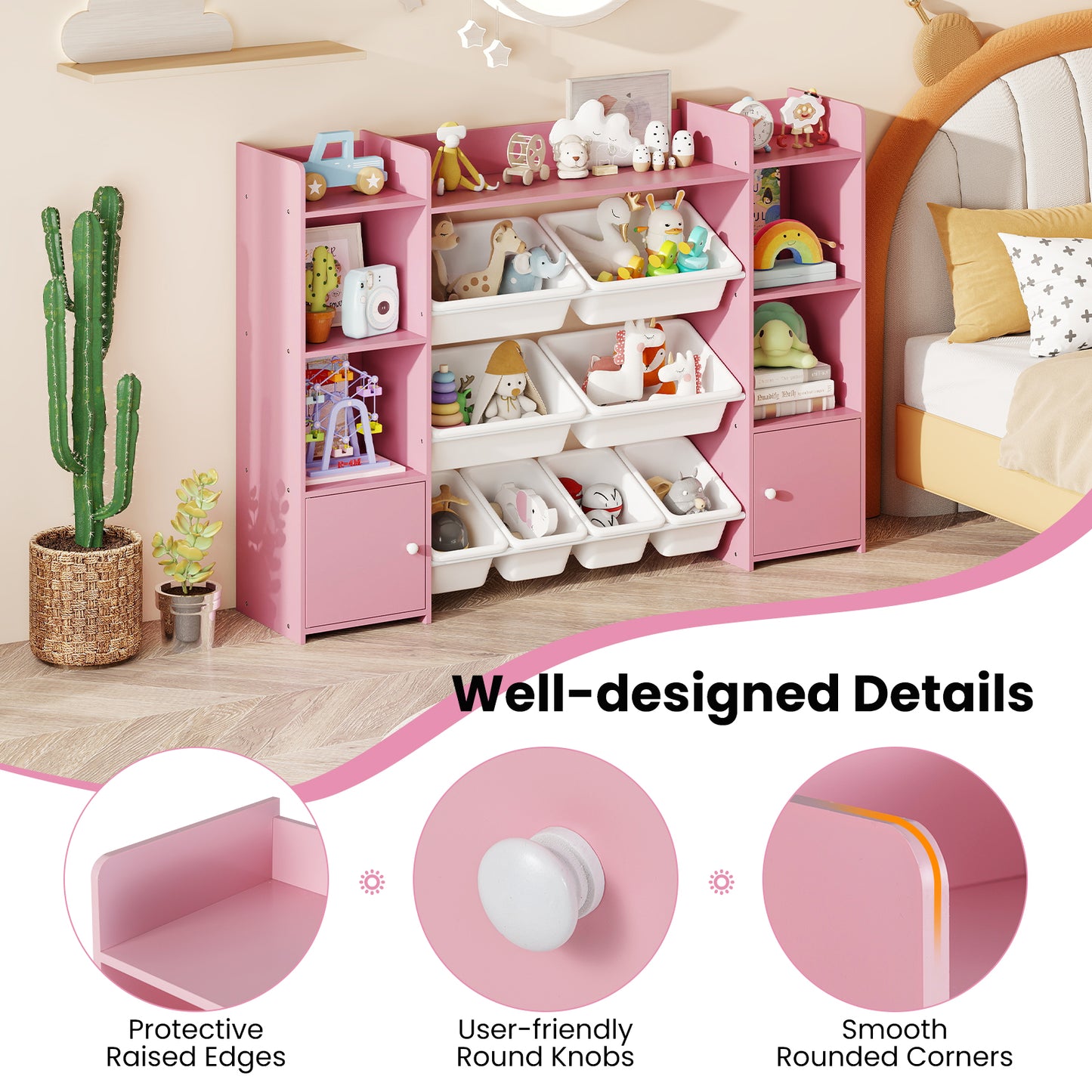 Pink 4-Tier Kids Toy Storage Organizer | 6 Cubbies & 8 Bins