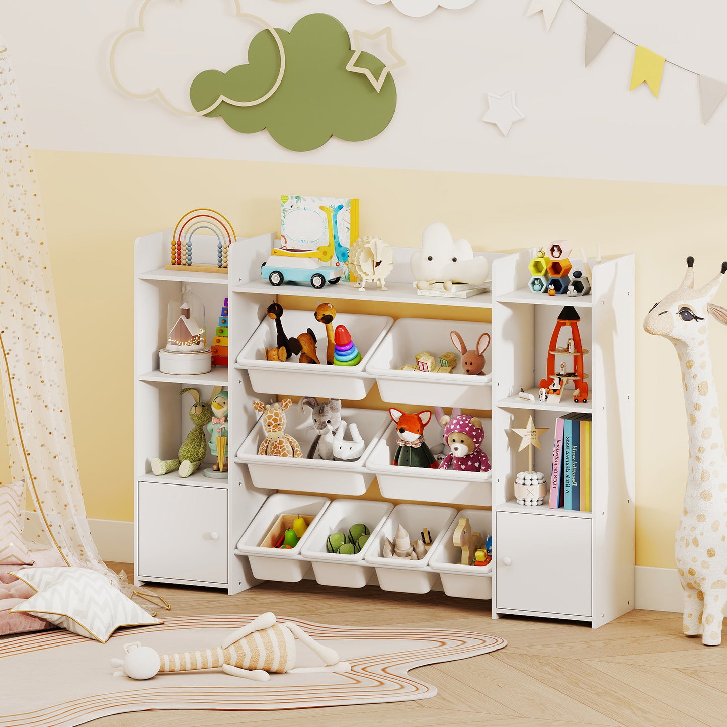 Costway 4-Tier Kids Toy Storage Organizer Shelf with 6 Cubbies and 8 Removable Bins-White