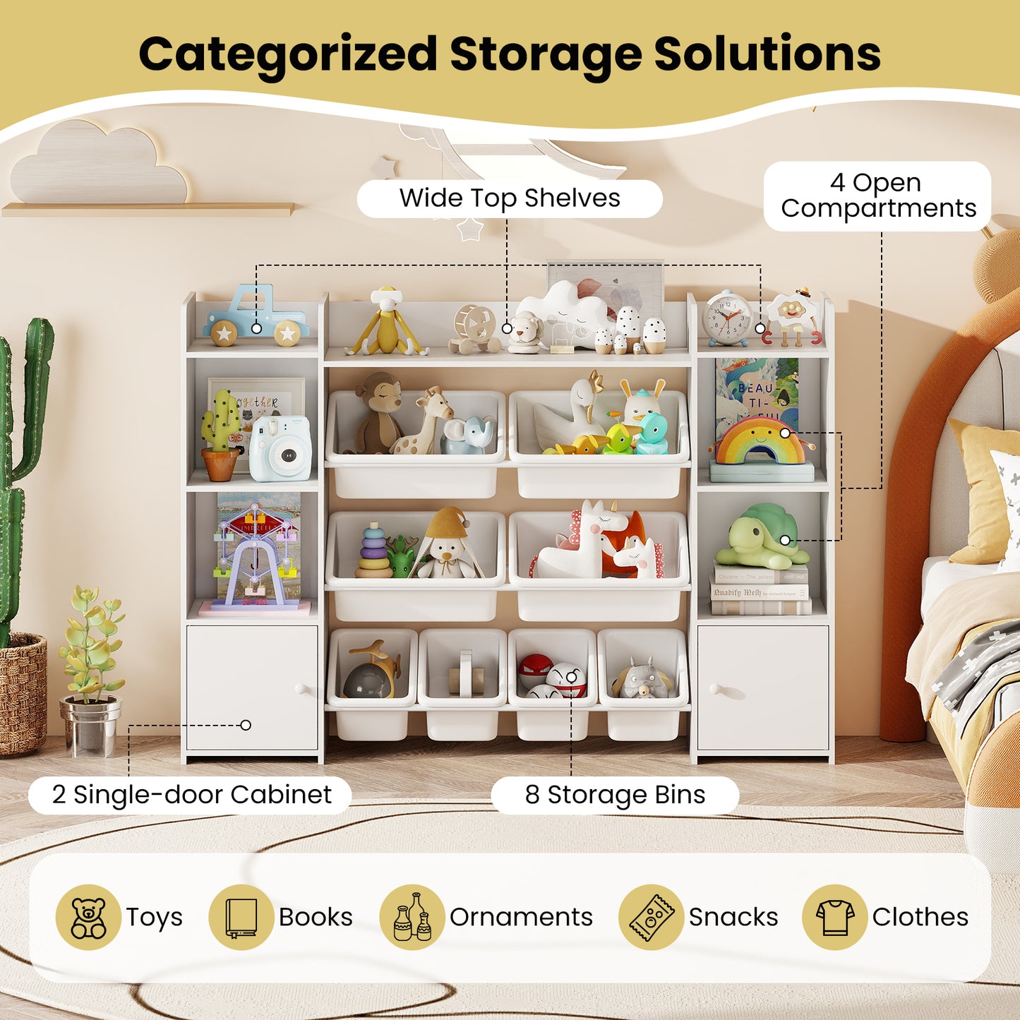 White 4-Tier Kids Toy Storage Organizer | 6 Cubbies & 8 Bins