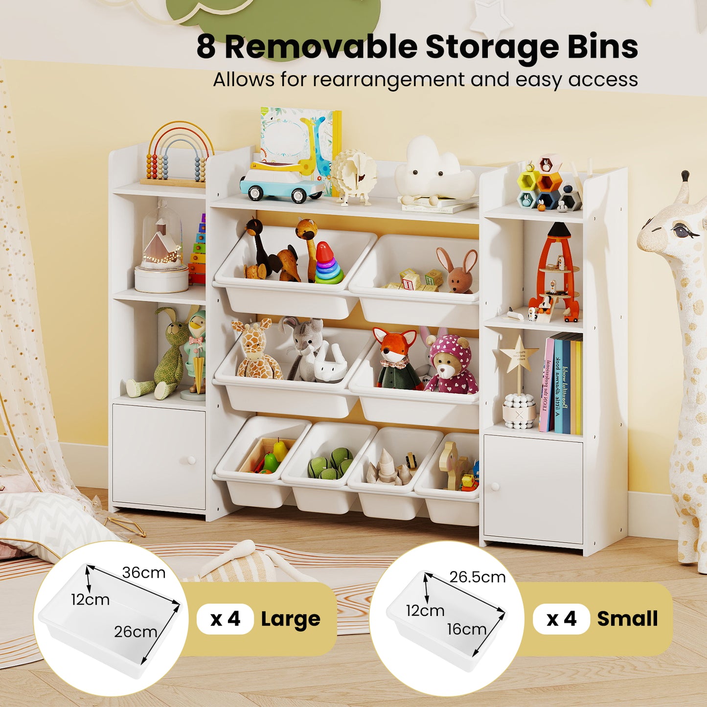 White 4-Tier Kids Toy Storage Organizer | 6 Cubbies & 8 Bins