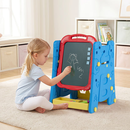 Costway 4 in 1 Art Easel for Kids Double Sided Magnetic Board with Book Rack-Blue