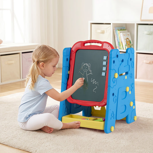 Costway 4 in 1 Art Easel for Kids Double Sided Magnetic Board with Book Rack-Blue