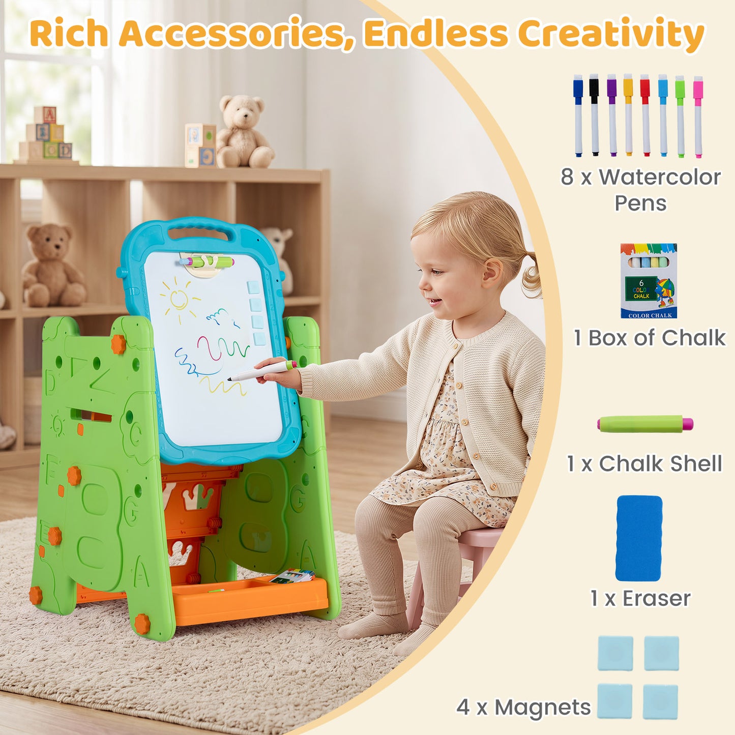 4 in 1 Kids Art Easel | Double Sided Magnetic Board Green